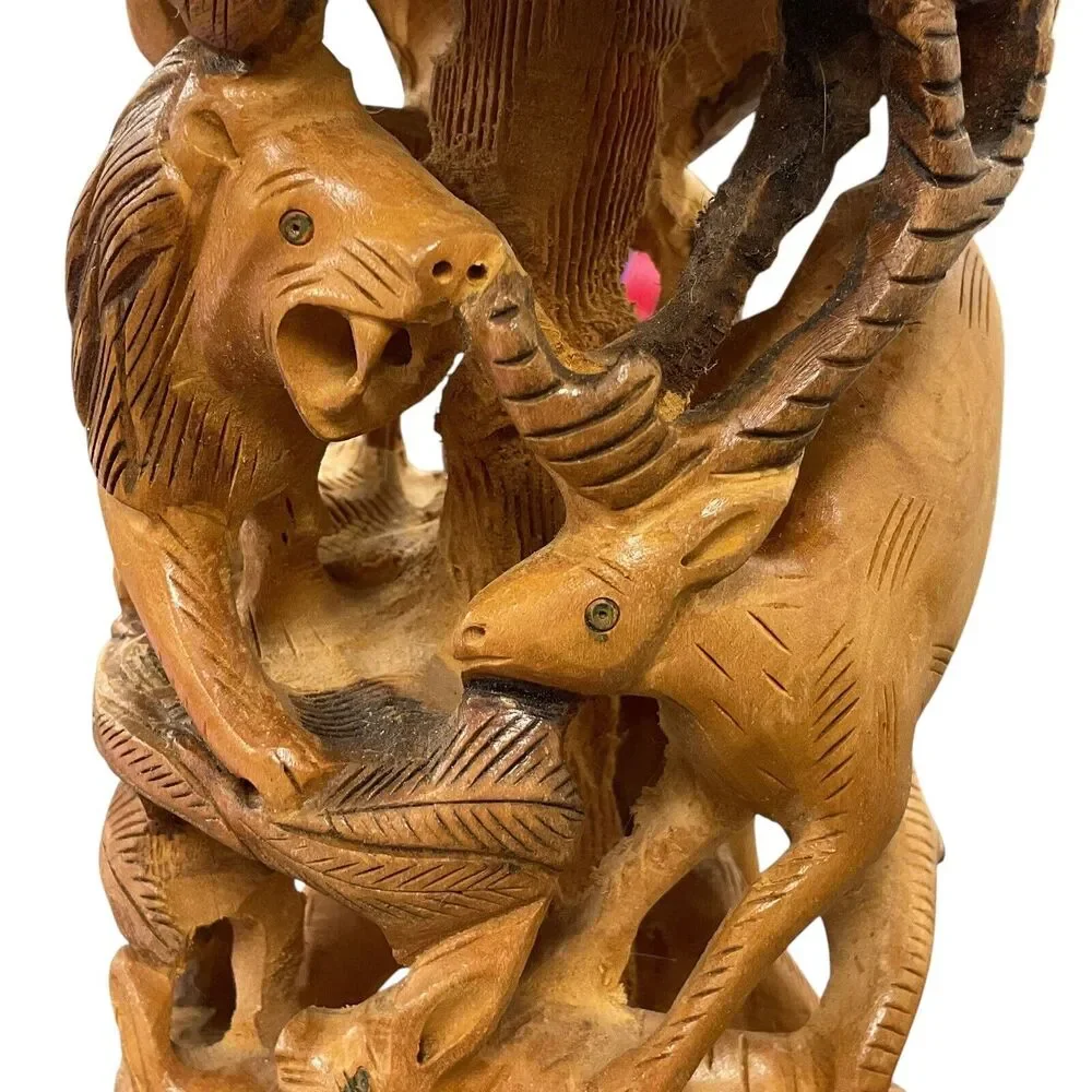 Vintage Hand Carved Round Hunting Shikar‎ Wooden Figurine Animals Forrest